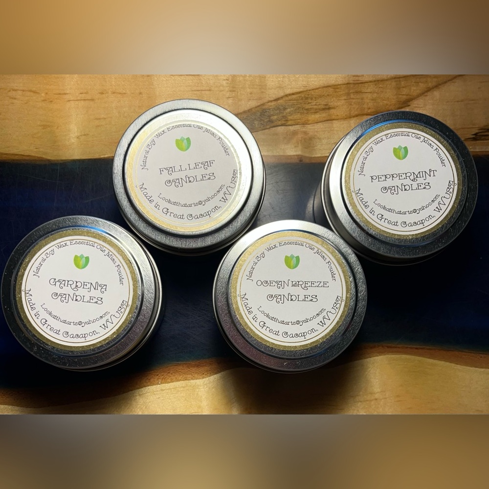 4 Scented Candles in Silver Tins Gardenia Fall Leaf Ocean Breeze & Peppermint
